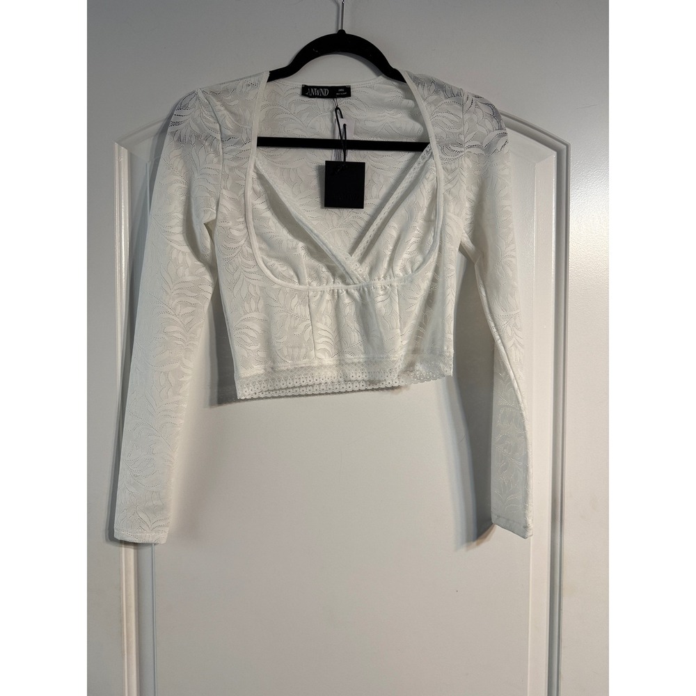 ANWND Lace Crop Top Small White NEW Long Sleeve Bustier Surplice Floral Bridal